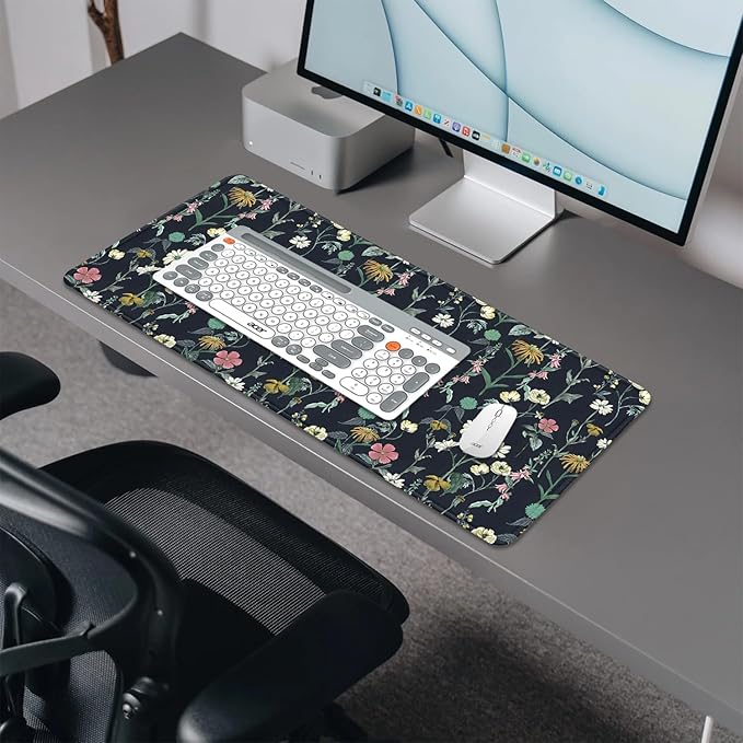 Dark Botanical Flowers Mouse Pad,Extended Black Plant Floral Mousepad Desk Pad with Stitched Edges,Non-Slip Waterproof Rubber Base Mouse Mat for Office Computer Keyboard Laptop Home(27.5x11.8 in)