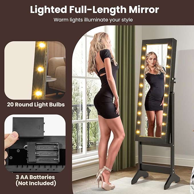 Giantex Standing Jewelry Armoire with Lighted Full Length Mirror, Lockable Jewelry Cabinet Organizer with 20 LED Lights, Adjustable Tilt, Large Storage for Earrings, Rings, Necklaces, Black