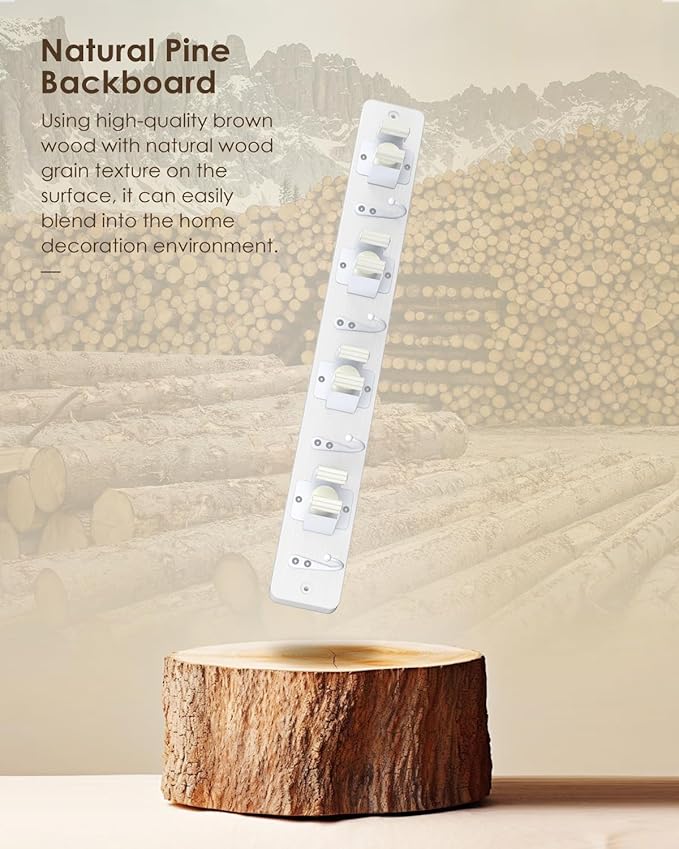 AceMining Broom Holder Wall Mounted, White 4 Holders and 4 Hooks Mop Holder, Wooden Mop and Broom Holder with Anti slip rubber, Natural pine wood Brush Holder, Mop Wall Holde with Nail installation