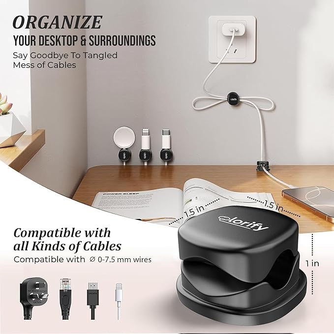 12 Pack Spring Cable Clips, Black Cord Organizer with Adhesive, Charging Cord Clips for Phone, Laptop, Nightstand & Desk, Cable Management for Office & Home Use