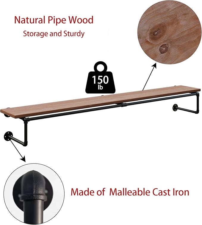 Clothes Rack 70in, Wall Mounted Garment Racks with Real Brown Wood Shelf, Heavy Duty Hanging Clothes Rack, Multi-Purpose Hanging Rod, Space-Saving Closet Storage