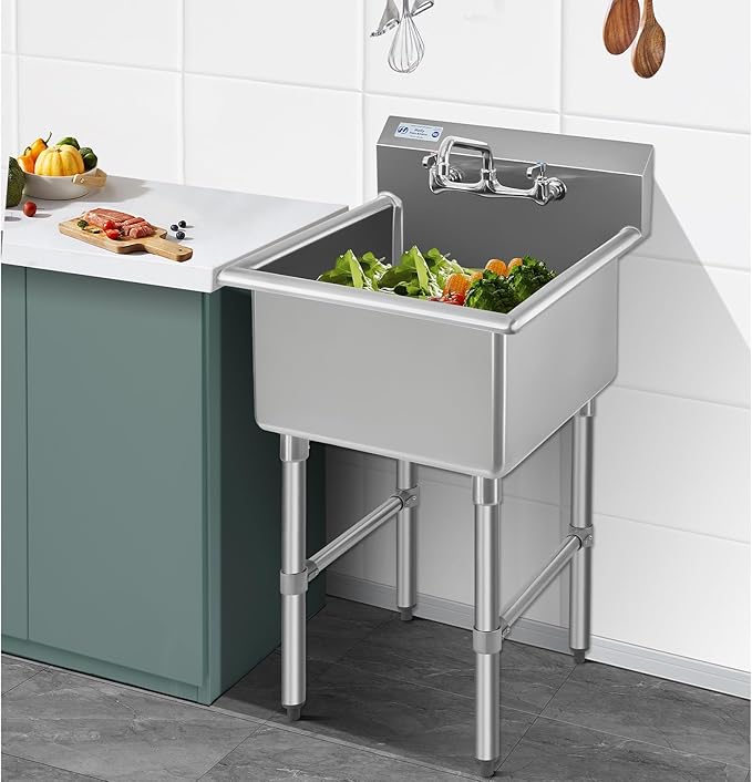 HALLY Commercial Stainless Steel Sink 1 Compartment NSF Prep & Utility Sink with 8" Faucet 18" L x 18" W x 12" D Bowl for Bar, Restaurant, Kitchen, Hotel and Home