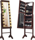 Giantex Standing Jewelry Armoire with 18 LED Lights Around the Door, Large Storage Mirrored Jewelry Cabinet with Full Length Mirror, 16 Lipstick Holders, 1 Inside Makeup Mirror (Brown)
