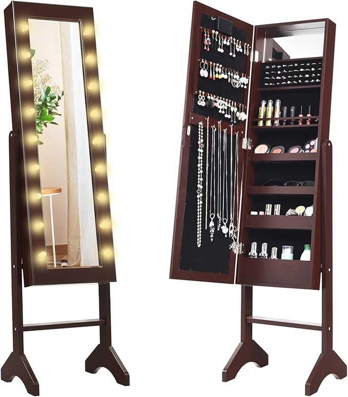 Giantex Standing Jewelry Armoire with 18 LED Lights Around the Door, Large Storage Mirrored Jewelry Cabinet with Full Length Mirror, 16 Lipstick Holders, 1 Inside Makeup Mirror (Brown)