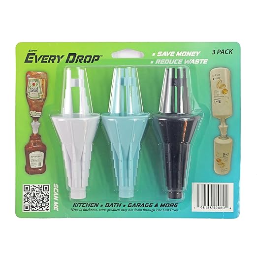 Every Drop 3 Pack Universal Bottle Emptying Kit Transfer Connector for Soap, Lotion, Shampoo, Conditioner, and Kitchen Condiments, Mess Free Leak Proof Funnel Coupler
