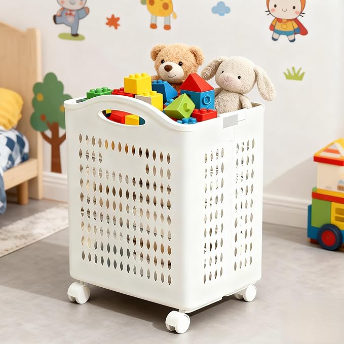 Rolling Laundry Hamper with Wheels White Plastic Storage Bin with Handles, 14W×11D×21H Large Capacity for Small Spaces, Bedroom & Bathroom