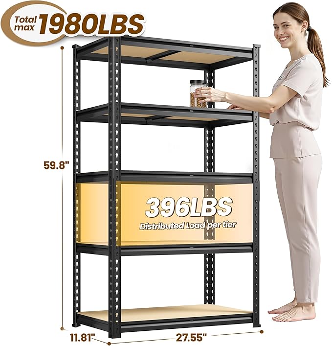 5-Tier Storage Shelves, 1980LBS Adjustable Pantry Shelves, Metal Shelving Unit for Storage, Kitchen, Pantry, Closet, Laundry, Garage, 59.8" H x 27.55" W x 11.81" D