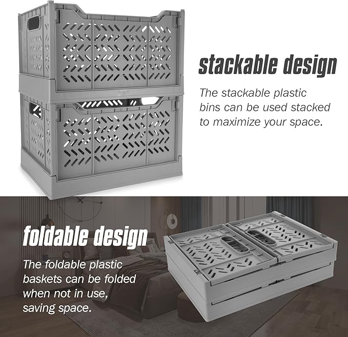 Domiella 2-Pack Crates for Storage, Storage Crates Plastic Stackable, Foldable Crate for Office Home Kitchen Bedroom Bathroom (Tall, Gray)