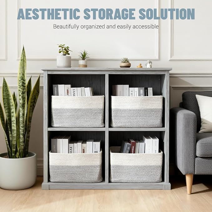 5 Pack Woven Storage Baskets for Shelves, Decorative Basket Closet Organizer Storage Bins for Clothes, Books, Pantry, Bathroom – Cotton Rope Shelf Baskets for Organizing and Decor, Gray & White