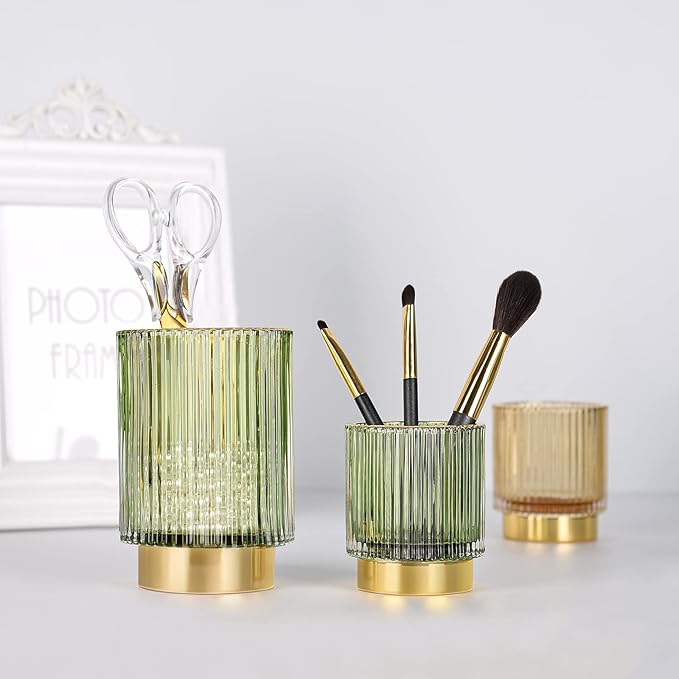 CANITORON Makeup Brush Holder,Glass Makeup Brush Holder Organizer Store Cosmetic Tools,Eyeliner,Storage Organizer for Vanity,Bathroom Countertop Organize and Bedroom Countertop Storage.(Green L)