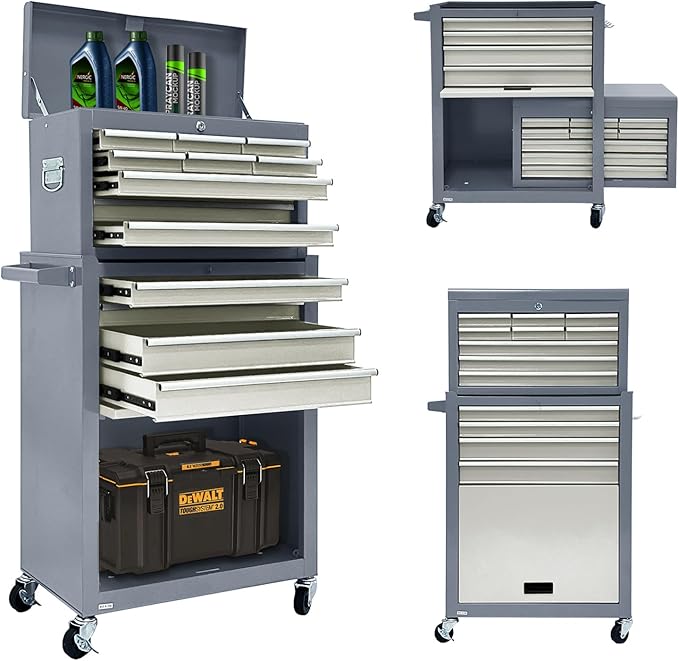 13-Drawer Rolling Tool Chest, 2 in 1 Detachable Tool Chest,Tool Box with Drawers and Wheels, Large Tool Cabinet with Lock, Metal Standing Toolbox for Garage Workshop-Gray&White