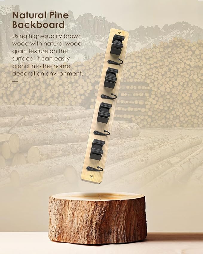 Broom Holder Wall Mounted, Light Wood 4 Holders and 4 Hooks Mop Holder, Wooden Mop and Broom Holder with Anti slip rubber, Natural pine wood Brush Holder, Mop Wall Holde with Nail installation