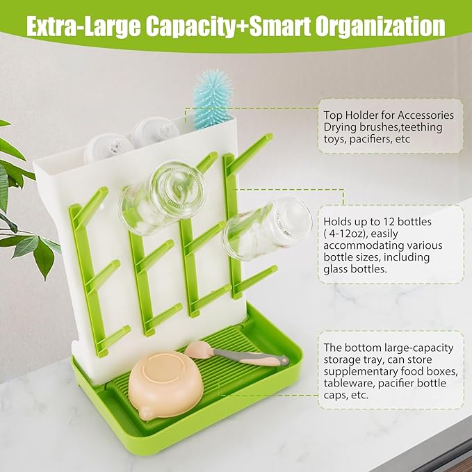 Baby Bottle Drying Rack, Space Saving Baby Bottle Organizer for Countertop, Vertical Bottle Dryer Holder with Brushes Holder, Large Bottle Storage Holder 12 Bottles & Baby Accessories Green