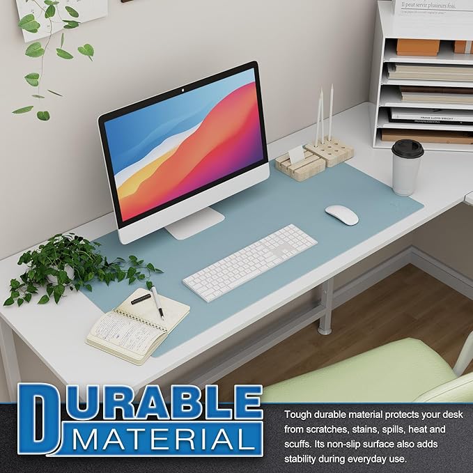 K KNODEL Large Office Leather Desk Mat, Mouse and Keyboard Pad, Computer and Laptop Mat, Desktop Protector and Cover, Writing Pad and Blotter (31.5"x15.7", Light Blue)