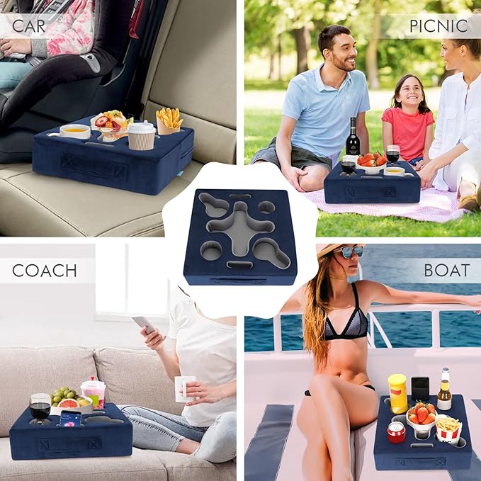 Couch Cup Holder-Sofa Cup Holder Pillow Tray Caddy Cupholder for Bed, Rv, Tv, Car, Man Cave, Backseat for Remote, Drinks, Snacks (Square-NavyBlue)