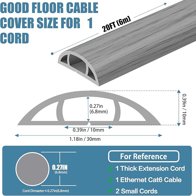 Floor Cord Covers for Wires 20FT Cable Hider Wire Cover Self Adhesive Cord Hider Floor for Offices, Homes, Workshops, Warehouses Cable Cavity 0.39" W x 0.27" H