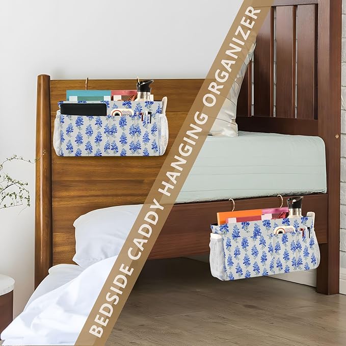Watercolor Bluebonnets Bedside Caddy for Dorm Bed Bedside Hanging Caddy Bag Iron Frame Storage Organizer Pocket for Bunk Home College Hospital Beds 2 Hooks