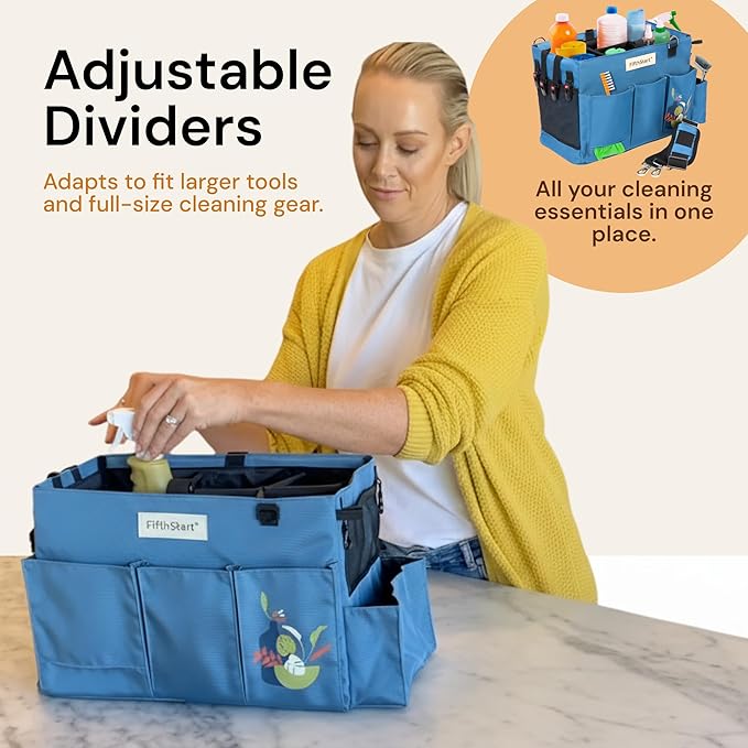 FifthStar Cleaning Caddy Bag for Professionals - Heavy-Duty Organizer with Shoulder Strap, 9 Pockets, Mesh Base & Adjustable Compartments - Cleaning Supplies Organizer for Crews (Blue, Large)
