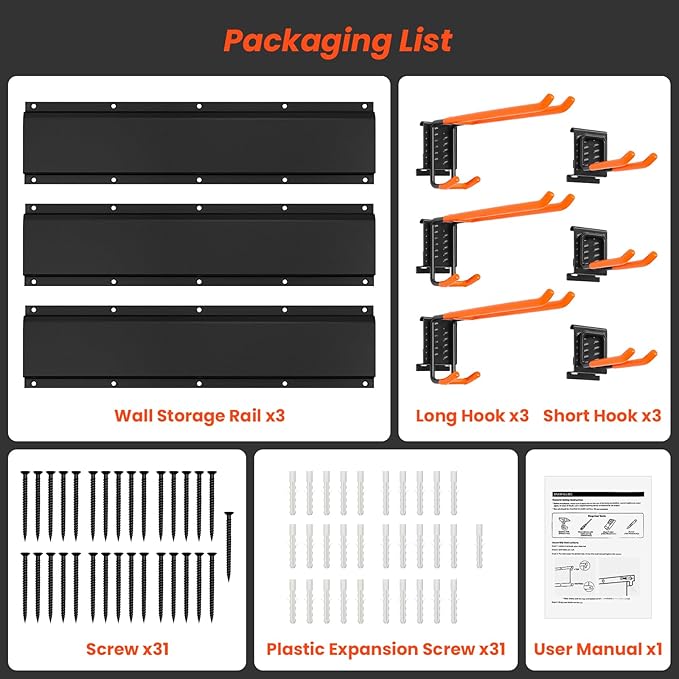 ELECROW Garage Storage Organizer, Wall Mount Rack with 6 Adjustable Hooks, 48 Inches Adjustable Garden Tool Organization, Heavy Duty for Garden and Yard Tool Storage