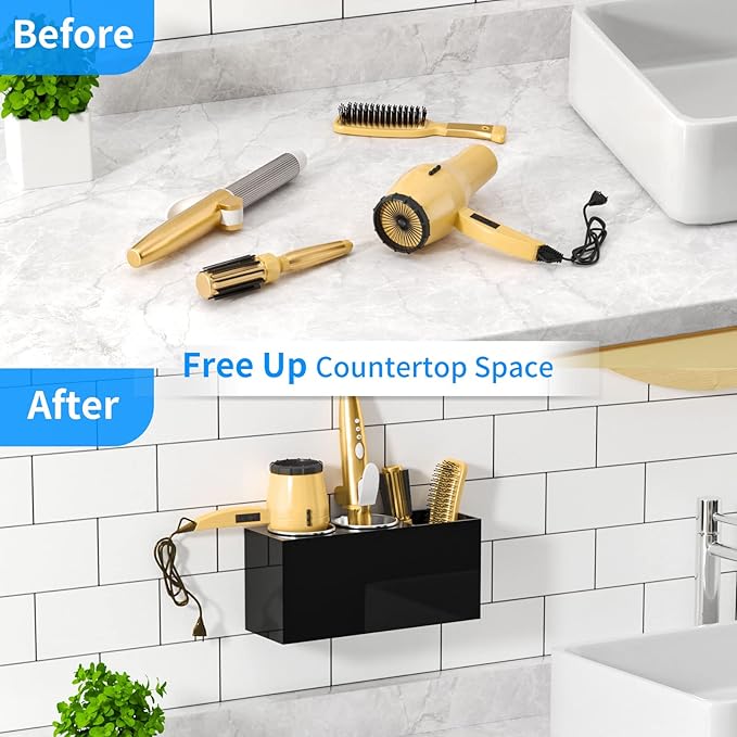 NIUBEE Hair Dryer Holder, Hair Tool Organizer Wall Mount, Blow Dryer Holder Cabinet Door, Bathroom Styling and Hot Tools Organizer for Flat Irons, Curling Irons (Black)