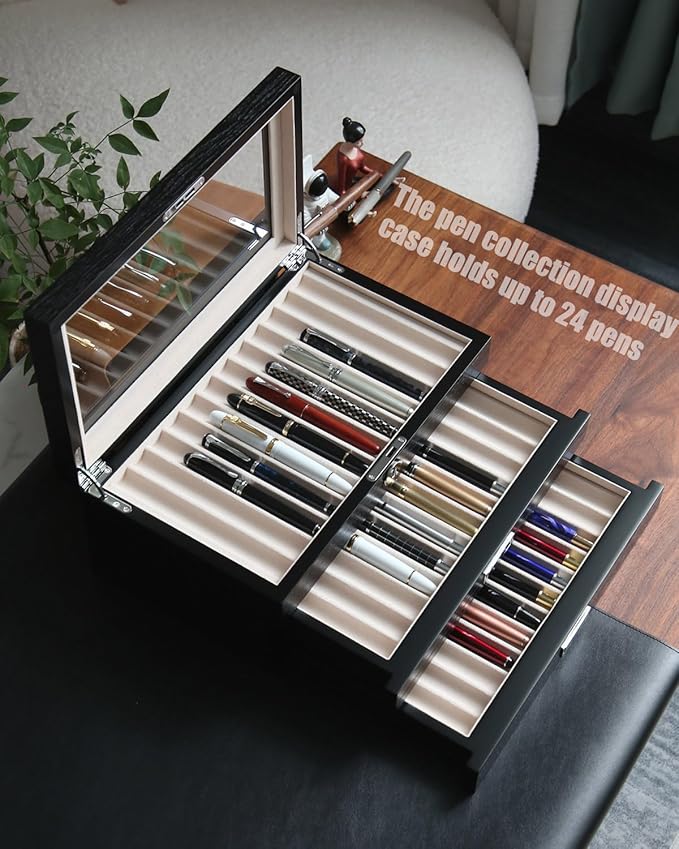 wood pen display case 36 slot Fountain pen Box storage Organizer with drawer, Top Glass Window Pen Collection Display Case