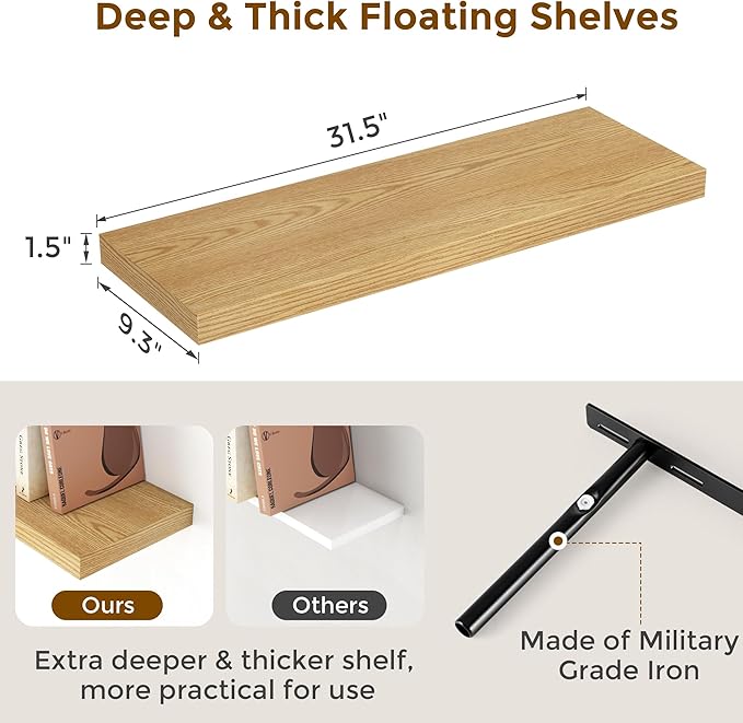 Fun Memories 32 Inch Floating Shelves for Wall Set of 2, Rustic Wood Wall Mounted Floating Shelf for Bathroom, Bedroom, Kitchen, 9.3 Inch Deep Shelves Invisible Brackets for Books|Storage|Decor, Oak
