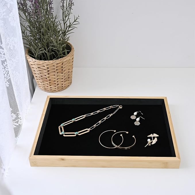 MOOCA 2 Pcs Bamboo Jewelry Display Tray, Presentation Tray, Organizer for Rings, Necklaces, Earrings, and Accessories, Black Color, 14" W x 9.6" D x 1.2" H