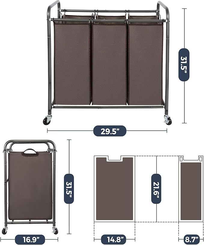STO STO Laundry Sorter 3 Section, 3 Bag Laundry Hamper, Rolling Laundry Cart, Laundry Basket with Heavy Duty Lockable Wheels and Removable Bag for Clothes Storage, Brown