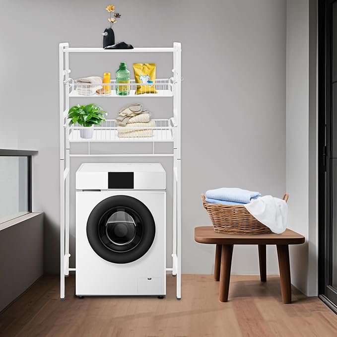 Over Washer and Dryer Storage Shelves, 3-Tier Washing Machine Organizer Rack with Height Adjustable Shelf for Laundry Room Bathroom Garage, W27.8*D10.2*H62in, White