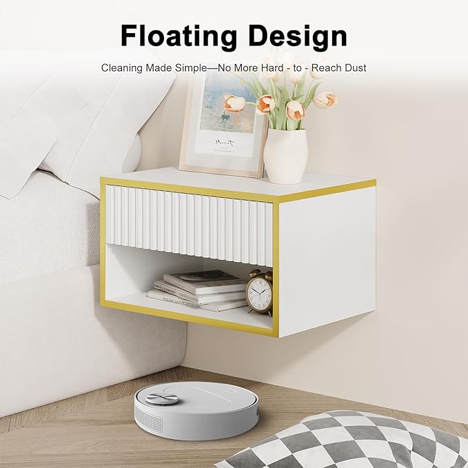 4ever2buy Floating Nightstand with Fluted Drawer, Modern Wall Mounted Nightstand with Open Shelf, White and Gold Night Stand for Bedroom, White
