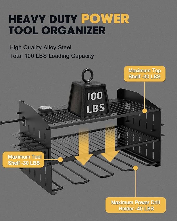 Power Tool Charging Station - 3 Layer Wall Mount Power Tool Organizer with Charging Station for Power Drill, 6AC Outlets, Great as Heavy Duty Tool Rack & Tool Holder for Garage Organization