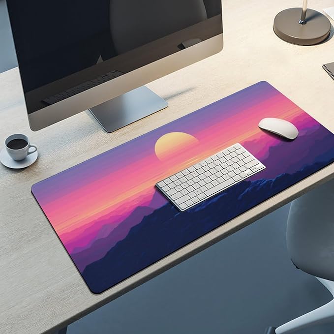 Sunset Mountains Large Mouse Pad, Anime Style Gaming Desk Mat, XXL Keyboard Desk Pad Mat for Desktop, 35.4"x15.7" Non-Slip Base Big Mousepad with Stitched Edges