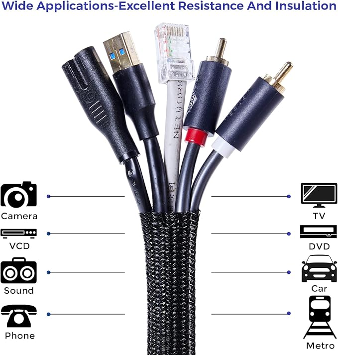 Cable Management Sleeves 1.2in - 2 Pack 4.1ft Split Braided Cable Sleeve Black, Hard PE Cord Protectors from Pets, Wire Organizers for Cords, Flexible Cord Wrap Wire Sleeve for Computer Cord Organizer