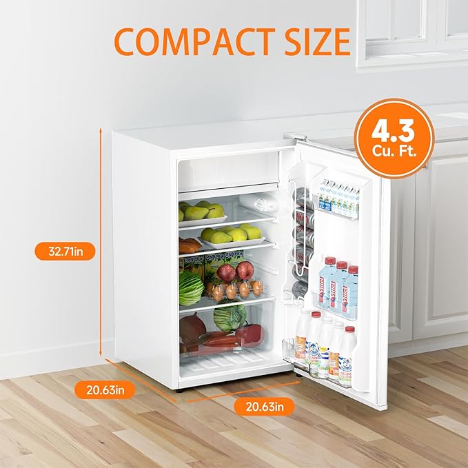 4.3 Cu.Ft Mini Fridge with Freezer, Single Door Refrigerator With 7 Settings Temperature Adjustable and 3 Removeble Shelves, Low Noise, Dorm Fridge, Mini Refrigerator for Bedroom, Office, Dorm