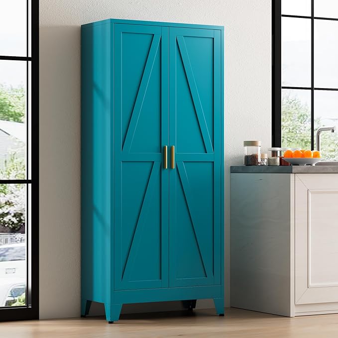 Metal Pantry Cabinet, 61" Tall Kitchen Storage Cabinet with 2 Doors and 3 Adjustable Shelves for Kitchen, Living Room, Dining Room, Bathroom and Home, Office