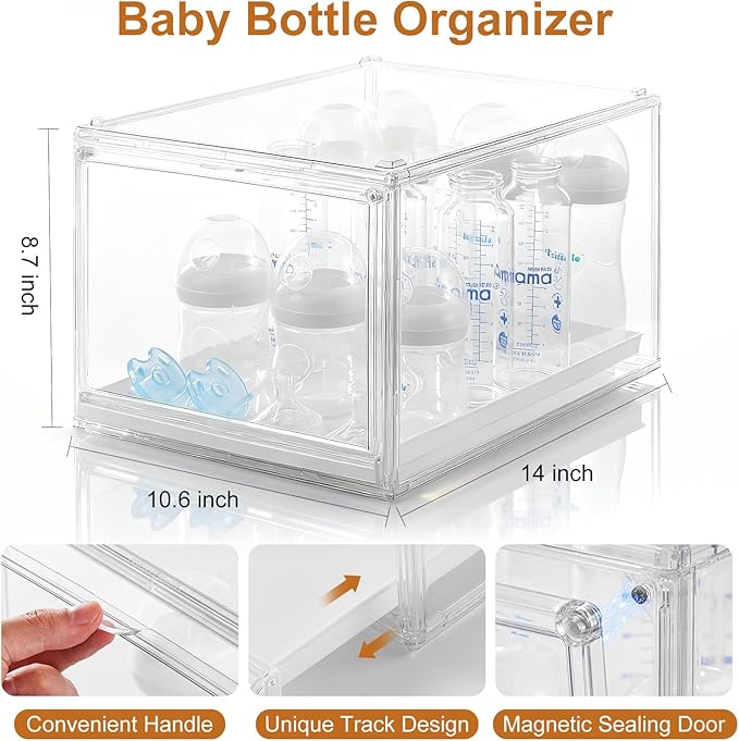 Baby Bottle Organizer, Clear Stackable Acrylic Storage for Countertop Cabinet, Baby Bottle Station Organizer with drawer for Pacifiers, Pump Parts