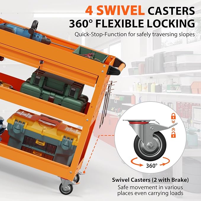 3 Tier Rolling Tool Cart with Drawers, Heavy Duty Utility Cart on Wheels, Large Storage Capability Service Cart for Garage, Warehouse and Repair Shop (Orange)