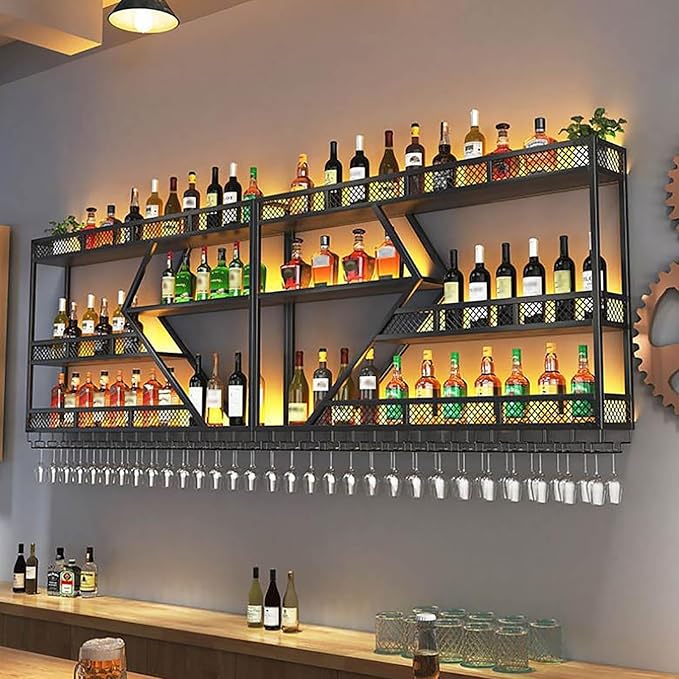 95in Wall Mounted Wine Rack, Large Metal Wine Bottle Holder , 3 Tier Modern Fashion Diamond Shaped Floating Bar Unit Wine Storage Shelves, for Home Restaurant Bars Decor (Black, 3 Tier - 95in)