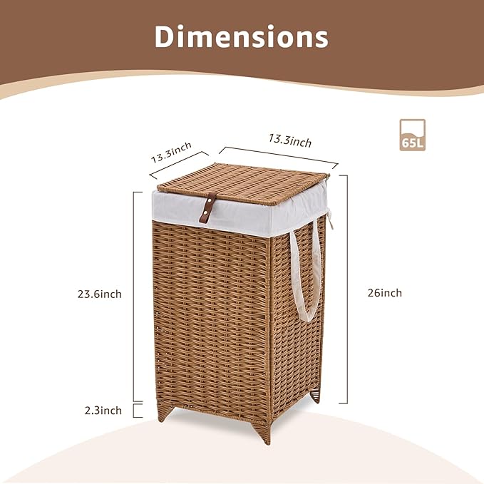 Laundry Hamper with Lid and Removable Liner Bag, Handwoven Rattan Clothes Hamper with Heightened Feet, Wicker Laundry Basket for Clothes and Towels，Small
