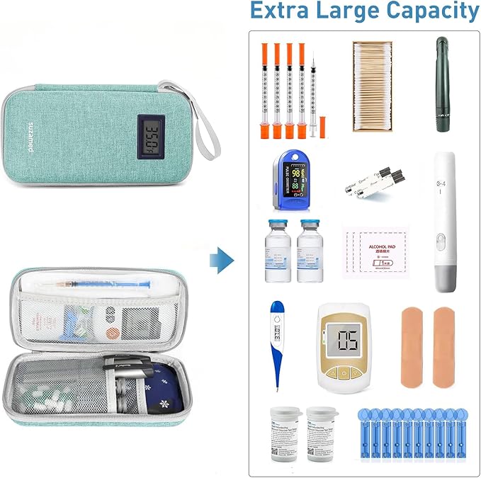 Insulin Cooler Travel Case,EVA Insulation Travel Medicine Kit with Temperature Display for Diabetes Care,Insulin Pen and Other Diabetic Supplies (Green-Temp)