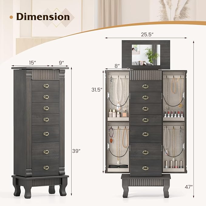 Giantex Standing Jewelry Cabinet with 7 Drawers, Flip-Top Mirror, 2 Side Doors with 12 Necklace Hooks, Divided Ring Compartments, Velvet-Lined Jewelry Armoire Organizer Chest (Weathered Gray)