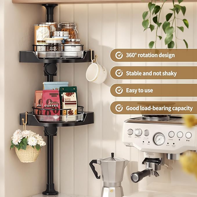 Standing Spice Rack Organizer, Counter Corner Double Tier Lazy Susan, Height Adjustable 360 Rotating Storage Rack with Hooks for Kitchen & Bathroom Corners (Black)