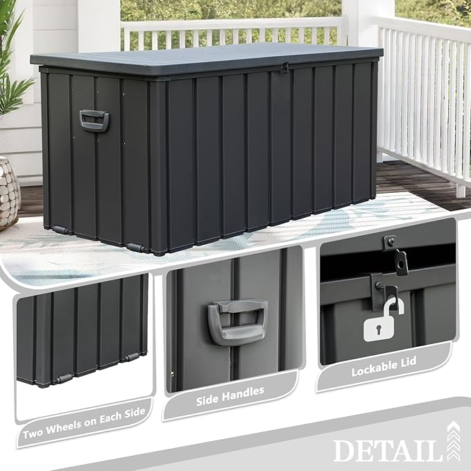Domi 100 Gallon Deck Box, Metal Outdoor Storage Box with Resin Lid Lock Wheels Side Handles, Waterproof Outside Storage Box for Patio Cushions, Shoes & Pool Tools