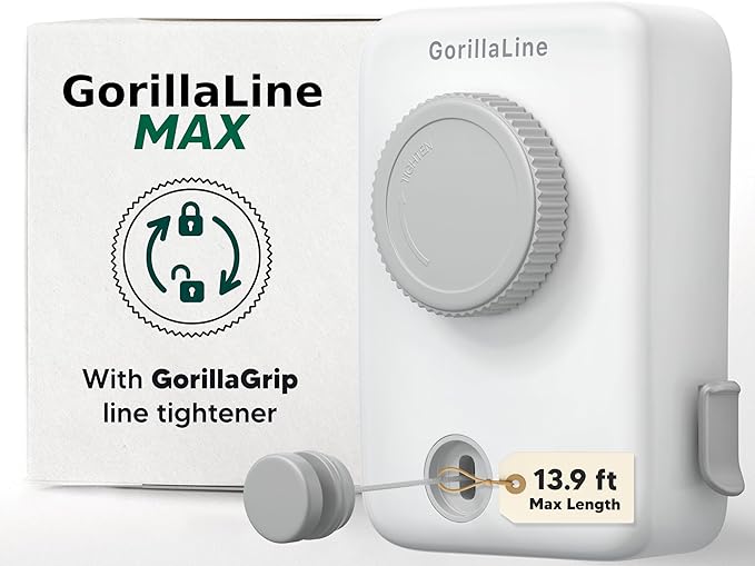 GorillaLine Max - Retractable Clothesline Indoor Outdoor Clothes Line - Heavy Duty Clothes Drying Laundry Line - Wall Mounted Drying Rack - Air Dry Clothing - Max Tighten with GorillaGrip