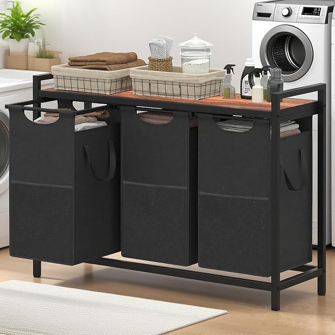 Heybly Laundry Hampers, 3 × 12.5 Gal Laundry Basket with Large Desktop Sorter for Laundry Room organization, Bathroom and Dorm Laundry Bags on Storage Shelf, Walnut HLH003WB