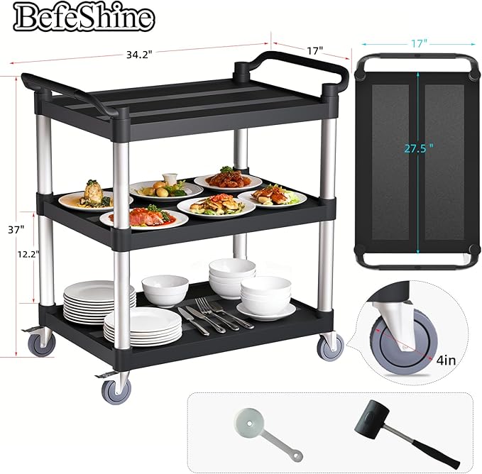 3 Tier Rolling Cart with Hair-Proof Wheels, Plastic Utility Service Cart, Heavy Duty 350 Lbs Capacity, Solid Handle, Commercial Serving Cart for Home/Office/Restaurant/Warehouse.34.2"×17"×37"