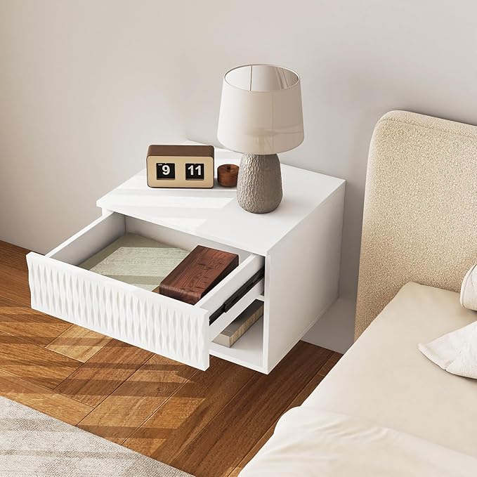 Floating Nightstand Set of 2,Modern Bedside Tables for Bedroom,Small Night Stands with Drawer and Open Shelf, Wall Mounted End SideTables Set for Living Room
