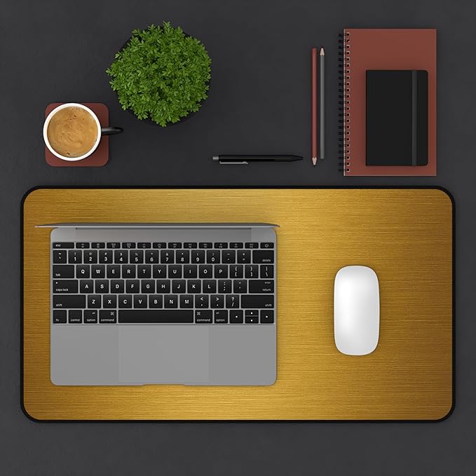 Brushed Metal Texture Desk Mat - Extended Mouse Pad & Desk Pad, Neoprene Surface, Non-Slip Rubber Base, Stitched Edges, Desk Protector for Keyboard & Mouse (Gold, 12x22)