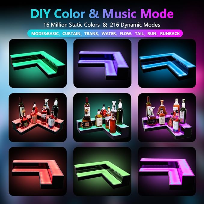 Corner Led Lighted Liquor Bottle Display Shelf, 20 Inch 2 Tier Whiskey Rack, Support USB, Bar Stand with RF Remote & App Control, Illuminated Acrylic Lighting Shelves for Home Bar, Party
