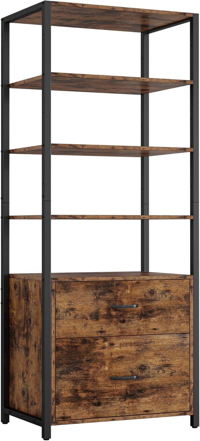 IRONCK Industrial Bookcase with File Cabinet Drawers, 71.6 in Tall Bookshelf 5 Tier, Freestanding Storage Home Office Cabinet Organizer, Rustic Home Decor, Vintage Brown